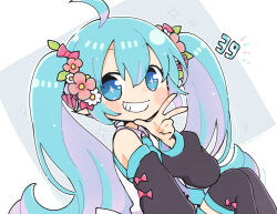 Rule 34 | + +, 1girl, 39, bare shoulders, black sleeves, black thighhighs, blue eyes, blue hair, blue necktie, blush stickers, bow, bow legwear, collared shirt, colored inner hair, detached sleeves, diagonal-striped bow, dot nose, feet out of frame, flower, grin, hair between eyes, hair bow, hair flower, hair ornament, halftone, hand up, hatsune miku, knees up, legs together, long hair, looking at viewer, multicolored hair, najo, necktie, pink bow, pink flower, pink hair, puffy detached sleeves, puffy sleeves, shirt, sidelocks, simple background, sleeve bow, sleeveless, sleeveless shirt, smile, solo, sparkle, sparkle background, square, striped, striped bow, thighhighs, tie clip, twintails, twitter username, v, very long hair, vocaloid, white background, white flower, white shirt, zettai ryouiki