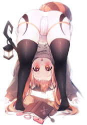 Rule 34 | 1girl, animal ears, ass, bent over, black thighhighs, book, character request, copyright request, egg vibrator, fox ears, fox girl, fox tail, highres, lantern, long hair, open mouth, orange eyes, orange hair, sen light, sex toy, simple background, solo, staff, sweater, tail, teeth, thighhighs, thighs, upper teeth only, vibrator, white background