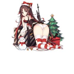 Rule 34 | 1girl, ass, blush, brown hair, christmas, christmas tree, detached sleeves, full body, gift, girls&#039; frontline, gun, hair ornament, hat, jianren, long hair, looking at viewer, m21, m21 (girls&#039; frontline), m21 (xmas at home) (girls&#039; frontline), match grade firearm, match grade rifle, multicolored hair, official alternate costume, official art, panties, red hair, revision, rifle, santa costume, santa hat, skirt, sniper rifle, snowman, solo, spaghetti strap, striped clothes, striped thighhighs, thighhighs, torn clothes, torn skirt, transparent background, underwear, weapon, white panties, x x