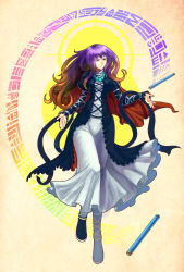 Rule 34 | 1girl, beads, brown hair, cape, cross-laced clothes, cross-laced footwear, dress, frilled dress, frilled sleeves, frills, gradient hair, highres, hijiri byakuren, layered dress, light, light smile, long hair, long sleeves, multicolored hair, playbay, prayer beads, puffy long sleeves, puffy sleeves, purple hair, skirt, solo, sorcerer&#039;s sutra scroll, touhou, turtleneck, yellow eyes