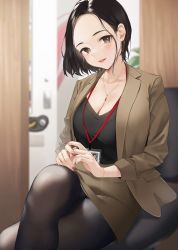 Rule 34 | 1girl, :d, black hair, black pantyhose, black shirt, blurry, blush, breasts, brown jacket, brown skirt, cleavage, collarbone, crossed legs, depth of field, earrings, forehead, ganbare douki-chan, head tilt, indoors, jacket, jewelry, lanyard, large breasts, looking at viewer, mugika, on chair, open clothes, open jacket, open mouth, pantyhose, pencil skirt, plunging neckline, senpai-san (douki-chan), shirt, short hair, sitting, skirt, smile, solo, v-neck