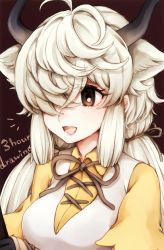 Rule 34 | 1girl, bow, bowtie, brown bow, brown bowtie, brown eyes, commentary request, extra ears, hair over one eye, kemono friends, kemono friends 3, long hair, ox ears, ox girl, ox horns, shirt, solo, t-shirt, tnhrkmfr, twintails, vest, white hair, white vest, yak (kemono friends), yellow shirt