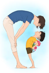 Rule 34 | 1boy, 1girl, barefoot, bent over, black hair, blouse, blue shirt, bouquet, brown eyes, brown hair, capri pants, eye contact, flat color, flower, gake no ue no ponyo, hands on own knees, highres, holding, holding behind back, lisa (ponyo), looking at another, mother&#039;s day, mother and son, pants, shaved head, shirt, short hair, short sleeves, shorts, smile, sousuke (ponyo), standing, t-shirt, tombiiwa, undercut, white background, yellow shirt