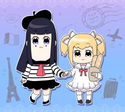 Rule 34 | 10s, 2girls, aircraft, airplane, alternate hair color, arms up, bag, baguette, bkub (style), black footwear, black hair, black hat, black skirt, blonde hair, blue background, blue eyes, bow, bread, brown bag, commentary request, copyright name, dress, eiffel tower, food, full body, grocery bag, hair bow, hat, holding, holding food, holding hands, imamiyajet, long hair, long sleeves, looking at viewer, multicolored bow, multiple girls, paper bag, pipimi, poptepipic, popuko, postage stamp, red bow, rolling suitcase, sailor collar, sailor dress, shirt, shopping bag, short hair, skirt, socks, striped clothes, striped shirt, suitcase, white bow, white legwear, white sailor collar, yellow eyes