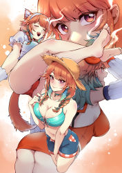 Rule 34 | 1girl, :d, animal ears, ass, barefoot, bikini, bikini top only, braid, breasts, cat ears, cat tail, cleavage, closed eyes, crossed legs, detached sleeves, from below, front-tie bikini top, front-tie top, green bikini, hairband, hat, highres, hololive, hololive english, large breasts, long hair, looking at viewer, looking away, low twin braids, mibry (phrysm), multiple views, open mouth, orange hair, purple eyes, red bikini, shorts, smile, straw hat, swimsuit, tail, takanashi kiara, takanashi kiara (casual), twin braids, virtual youtuber