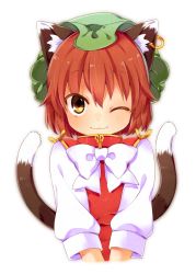 Rule 34 | 1girl, ;3, akagashi hagane, animal ears, brown hair, cat ears, cat tail, chen, earrings, hat, jewelry, long sleeves, looking at viewer, mob cap, multiple tails, one eye closed, ribbon, shirt, short hair, simple background, single earring, smile, solo, tail, touhou, turtleneck, upper body, vest, white background