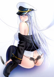 Rule 34 | 1girl, absurdres, ass, ass cutout, azur lane, back, bare shoulders, black jacket, black panties, black thighhighs, blush, breasts, butt crack, cl (summer sama), clothes pull, clothing cutout, commission, enterprise (azur lane), feathers, hair between eyes, highres, holding, holding feather, jacket, jacket pull, large breasts, long hair, looking back, no shoes, on floor, open mouth, panties, pixiv commission, purple eyes, shirt, sideboob, silver hair, sitting, soles, solo, teasing, thighhighs, underwear, white background, white headwear, white shirt