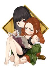 Rule 34 | 2girls, @ @, adashino oto, aged down, black hair, book, brown eyes, brown hair, commentary request, flat chest, green jacket, holding, holding book, jacket, kaii to otome to kamigakushi, legs, medium hair, mole, mole under eye, multiple girls, ogawa sumireko, open mouth, red eyes, second-party source, sidelocks, simple background, sitting, thick eyebrows, toenails, toes, white background, yamamoto souichirou