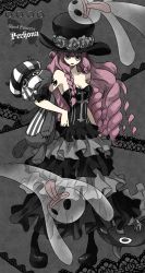 Rule 34 | 1girl, bare shoulders, bat (symbol), boots, braid, character doll, character name, dress, female focus, flower, full body, ghost, gothic lolita, hat, hat flower, kumacy, lace, lolita fashion, long hair, mask, mouth mask, one piece, perona, pink hair, rose, solo, striped clothes, striped headwear, stuffed animal, stuffed toy, surgical mask, tattoo, teddy bear, top hat, umbrella