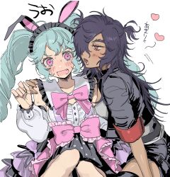 Rule 34 | 2girls, animal ears, black jacket, blowing in ear, blue hair, bow, commentary request, confused, dark-skinned female, dark skin, drill hair, embarrassed, fang, genderswap, genderswap (mtf), hair over one eye, hand on another&#039;s shoulder, heart, highres, idol clothes, idol land pripara, jacket, katasumi amari, long hair, long sleeves, looking at another, mario (pripara), multiple girls, open mouth, pink bow, pink eyes, pretty series, pripara, rabbit ears, simple background, sitting, smile, translation request, twin drills, twintails, white background, yumei (jigoku101), yuri