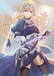 Rule 34 | 1girl, absurdres, armor, armored dress, black thighhighs, blonde hair, blue eyes, braid, breasts, chain, fate/apocrypha, fate (series), gloves, headpiece, highres, jeanne d&#039;arc (fate), jeanne d&#039;arc (ruler) (fate), kanryourei, long braid, looking at viewer, scabbard, sheath, single braid, sketch, smile, solo, sword, thighhighs, thighs, unsheathed, weapon
