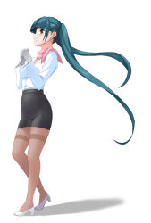 Rule 34 | 1girl, blue hair, blunt bangs, blush, brown eyes, full body, gloves, high heels, interlocked fingers, long hair, original, own hands clasped, own hands together, pantyhose, pencil skirt, shin&#039;ya (shin&#039;yanchi), shoes, simple background, skirt, smile, solo, thighband pantyhose, very long hair, white background, white footwear, white gloves