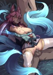 Rule 34 | 1girl, 2boys, absurdres, ahri (league of legends), bare shoulders, bell, breasts, clothed female nude male, commentary, cum, cum in pussy, double penetration, english commentary, facial mark, fellatio, grass, grey thighhighs, group sex, hetero, highres, kitsune, large breasts, league of legends, long hair, lying, mmf threesome, multiple boys, multiple penises, nipples, nude, on back, on person, oral, penis, pink hair, reverse cowgirl position, sex, sex from behind, shuuko (s h uuko), spirit blossom ahri, straddling, testicles, thighhighs, threesome, uncensored, vaginal, whisker markings