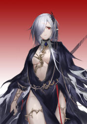 Rule 34 | 1girl, absurdres, arknights, black dress, breasts, center opening, cleavage, dress, gladiia (arknights), gladiia (i am the tides) (arknights), gradient background, grey hair, hair over one eye, highres, holding, holding weapon, long hair, looking at viewer, medium breasts, official alternate costume, pale skin, pointy ears, red eyes, shirt, solo, very long hair, weapon, yiyanbanshengchou