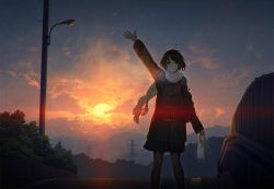 Rule 34 | 1girl, backlighting, bag, cloud, cloudy sky, coat, commentary request, evening, hand up, horizon, lens flare, long sleeves, looking at viewer, mocha (cotton), mountain, original, outdoors, scarf, scenery, short hair, skirt, sky, smile, solo, standing, star (sky), starry sky, sun, sunlight, sunset, tree, twilight, winter clothes, winter coat