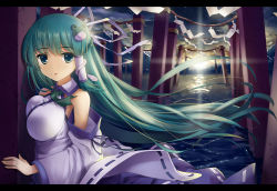 Rule 34 | 1girl, breast press, cafeore, detached sleeves, frog, frog hair ornament, green eyes, green hair, hair ornament, hair tubes, kochiya sanae, letterboxed, long hair, looking at viewer, parted lips, sky, snake, solo, star (sky), starry sky, sunrise, torii, touhou, water, wind