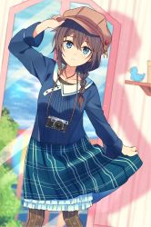 Rule 34 | 1girl, alternate costume, black pantyhose, blue eyes, blush, braid, brown hair, camera, camera around neck, commission, hair between eyes, hat, highres, jewelry, kantai collection, necklace, pantyhose, shigure (kancolle), sidelocks, single braid, skirt, solo, striped clothes, striped pantyhose, vertical-striped clothes, vertical-striped pantyhose, yukichi (eikichi)