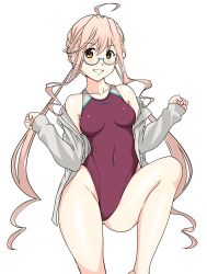 Rule 34 | 1girl, ahoge, aiuti, blouse, braid, competition swimsuit, double bun, dress shirt, feet out of frame, french braid, full body, glasses, hair bun, highleg, highleg swimsuit, highres, kantai collection, long sleeves, makigumo (kancolle), one-piece swimsuit, open clothes, open shirt, pink hair, purple one-piece swimsuit, shirt, simple background, sleeves past wrists, solo, swimsuit, twintails, white background, yellow eyes