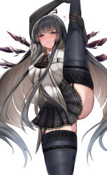 Rule 34 | 1girl, arknights, ascot, black ascot, black garter straps, black halo, black thighhighs, broken halo, collared jacket, dark halo, energy wings, flexible, garter straps, halo, highres, hime cut, jacket, kneepits, lace, lace-trimmed thighhighs, leg hold, leg lift, leg up, long hair, looking at viewer, short-sleeved jacket, short sleeves, split, standing, standing on one leg, standing split, strap, thighhighs, uminekoin kujira, virtuosa (arknights), white background