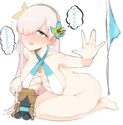 Rule 34 | 1girl, anastasia (fate), aqua eyes, bare legs, barefoot, bikini, unworn bikini bottom, blurry, blurry foreground, blush, bottomless, breasts, bright pupils, cleavage, commentary request, criss-cross halter, depth of field, earrings, fate/grand order, fate (series), flower, flying sweatdrops, full body, hair flower, hair ornament, hair over one eye, hairband, halterneck, highres, jewelry, large breasts, leaning forward, long hair, outstretched hand, seiza, shiming liangjing, simple background, sitting, solo, stud earrings, swimsuit, viy (fate), white background, white hair
