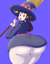 Rule 34 | 1girl, absurdres, ass, blue background, broom, brown hair, cloak, hat, highres, hood, huge ass, kagari atsuko, little witch academia, long hair, looking at viewer, looking back, mechspazer, open mouth, red eyes, solo, surprised, thick thighs, thighs, wide hips, witch, witch hat