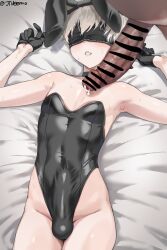 Rule 34 | 2boys, 9s (nier:automata), animal ears, armpits, arms up, artist name, bare arms, bare shoulders, bed sheet, black blindfold, black choker, black gloves, black leotard, blindfold, bulge, censored, choker, commentary, covered eyes, covered navel, cum, dark-skinned male, dark skin, english commentary, erection, erection under clothes, facing viewer, fake animal ears, from above, gloves, grey hair, highleg, highleg leotard, highres, jtveemo, leotard, lying, male focus, male playboy bunny, multiple boys, nier:automata, nier (series), on back, on bed, out of frame, parted lips, penis, penis size difference, pointless censoring, rabbit ears, shiny clothes, shiny skin, solo focus, strapless, strapless leotard, sweat, teeth, trap, twitter username, yaoi