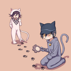 Rule 34 | 2boys, :d, animal costume, animal ears, animal hands, animal hood, bell, black hair, black headwear, brown background, brown eyes, cat costume, cat ears, cat hood, cat paws, cat tail, checkered clothes, checkered scarf, child, closed eyes, danganronpa (series), danganronpa v3: killing harmony, ewa (seraphhuiyu), fake animal ears, fake tail, hair between eyes, hat, highres, holding, holding magnifying glass, hood, hood down, laughing, looking down, magnifying glass, male focus, multiple boys, neck bell, oma kokichi, open mouth, paw print, saihara shuichi, scarf, seiza, short hair, simple background, sitting, smile, standing, tail, yellow eyes