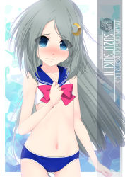 Rule 34 | 1girl, artist name, bishoujo senshi sailor moon, blue eyes, blue panties, blue sailor collar, bow, bra, character name, character request, check copyright, collarbone, commentary request, copyright request, cowboy shot, eyes visible through hair, flat chest, grey hair, hand on own chest, highres, inaba shiki, long hair, looking at viewer, navel, original, panties, red bow, sailor collar, sailor moon narikiri bra set, sailor senshi uniform, solo, standing, tagme, underwear