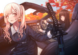 Rule 34 | 2girls, absurdres, autumn leaves, black gloves, black hair, blonde hair, blue eyes, blunt bangs, car, commentary request, day, ear piercing, earrings, gloves, hair ornament, hairclip, highres, jewelry, katana, koh (minagi kou), long hair, looking at another, motor vehicle, multiple girls, outdoors, parted lips, piercing, red eyes, school uniform, sitting, smile, sword, twintails, weapon