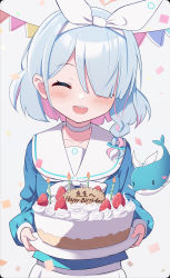 Rule 34 | 1girl, :d, absurdres, arona (blue archive), birthday cake, blue archive, blue hair, blue shirt, blush, bow hairband, braid, cake, choker, closed eyes, colored inner hair, confetti, facing viewer, fal (fal-se-0), food, fruit, hair over one eye, hairband, happy birthday, highres, holding, holding plate, multicolored hair, open mouth, pink hair, plate, sailor collar, shirt, simple background, smile, solo, strawberry, string of flags, upper body, white background, white choker, white sailor collar