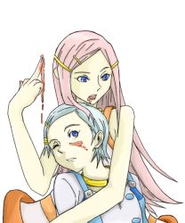 Rule 34 | 00s, 2girls, anemone (eureka seven), bare shoulders, blue eyes, blue hair, buttons, dress, dripping, eureka (eureka seven), eureka seven, eureka seven (series), food, food on face, food on hand, hair ornament, hairclip, hug, jewelry, multiple girls, neck ring, one eye closed, open mouth, parted lips, pink hair, simple background, sleeveless, sleeveless dress, teeth, upper body, white background, wince