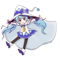 Rule 34 | 1girl, :o, black pantyhose, blue bow, blue eyes, blue hair, blue ribbon, blue skirt, blush, boots, bow, chibi, cloak, commentary, fingerless gloves, full body, gloves, hair ribbon, hat, hat bow, hatsune miku, highres, large hat, light blue hair, long hair, looking at viewer, necktie, open mouth, outstretched arms, pantyhose, purple gloves, ribbon, shirt, skirt, sleeveless, sleeveless shirt, snowflake ornament, solo, symbol-only commentary, treble clef, twintails, very long hair, vocaloid, white background, white cloak, white footwear, white hat, white shirt, witch hat, yellow necktie, yuki miku, yuki miku (2014), zuu100lev