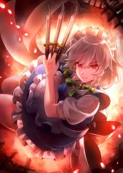 Rule 34 | 1girl, 60mai, apron, between fingers, blue dress, bow, braid, breasts, commentary request, dress, frilled apron, frills, green bow, green ribbon, hair between eyes, hair bow, hand up, holding, holding knife, holding weapon, indoors, izayoi sakuya, knife, knives between fingers, looking at viewer, maid, maid apron, maid headdress, medium breasts, neck ribbon, petticoat, puffy short sleeves, puffy sleeves, red eyes, ribbon, shirt, short hair, short sleeves, silver hair, solo, thighs, touhou, twin braids, v-shaped eyebrows, waist apron, weapon, white apron, white shirt