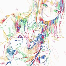Rule 34 | 1girl, backpack, bag, cardigan, collared shirt, colorful, dated, green eyes, hands up, hatching (texture), highres, long hair, long sleeves, looking at viewer, original, shirt, signature, smile, solo, upper body, watanabe tomari