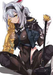 Rule 34 | 1girl, animal ears, arknights, asymmetrical gloves, axe, bare shoulders, black hairband, black jacket, black leotard, breasts, covered navel, cropped jacket, gloves, grey hair, hairband, hand on own cheek, hand on own face, highleg, highleg leotard, holding, holding axe, holding weapon, jacket, large breasts, leotard, long hair, looking at viewer, mismatched gloves, official alternate costume, one side up, open clothes, open jacket, scavenger (arknights), scavenger (survive) (arknights), signature, simple background, sitting, skin tight, solo, tsuyuki yuki, weapon, white background, yellow eyes, yellow gloves