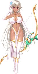 Rule 34 | 1girl, armlet, blush, boots, bow (weapon), breasts, choker, cleavage, cleavage cutout, closed mouth, clothing cutout, dark-skinned female, dark elf, dark skin, derauea, elbow gloves, elf, flower, full body, gloves, gold trim, grey hair, hair flower, hair ornament, highres, large breasts, loincloth, long hair, looking at viewer, motto! haramase! honoo no oppai isekai ero mahou gakuen!, naomin iva lucille, navel, no panties, pelvic curtain, pink eyes, pointy ears, revealing clothes, shiny skin, side slit, smile, solo, standing, thigh boots, thighhighs, transparent background, very long hair, weapon, white gloves, white thighhighs
