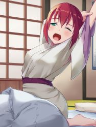 Rule 34 | 1girl, arm behind head, arm up, barefoot, blush, commentary, futon, green eyes, hair down, highres, indoors, japanese clothes, kurosawa ruby, love live!, love live! sunshine!!, open mouth, red hair, robe, solo, stretching, supra is black (altea), tareme, teeth, tongue, upper teeth only, waking up, white robe, yawning