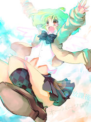 Rule 34 | 1girl, angel wings, arms up, bad id, bad pixiv id, bow, fang, female focus, green hair, highres, jumping, macross, macross frontier, navel, open mouth, outstretched arms, pleated skirt, ranka lee, red eyes, school uniform, short hair, skirt, smile, solo, spread arms, tsukumi (tkmillust), white background, wings