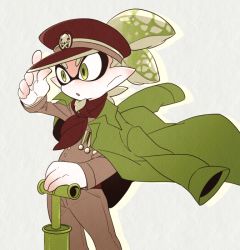 Rule 34 | 1boy, aged down, cane, cap&#039;n cuttlefish, facial hair, goatee, green eyes, hat, inkling, jacket, male focus, medal, military, military hat, military jacket, military uniform, monster boy, nintendo, open mouth, peaked cap, pointy ears, ponytail, scarf, silver hair, simple background, sizma, solo, splatoon (series), splatoon 1, tentacle hair, uniform