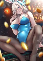 Rule 34 | 1girl, :q, aga marino, animal ears, asuna (blue archive), asuna (bunny) (blue archive), bad id, bad pixiv id, black pantyhose, blue archive, blue eyes, blue leotard, blue ribbon, blush, breasts, coin, commentary request, fake animal ears, hair ornament, hair ribbon, halo, hand up, large breasts, leotard, long hair, looking at viewer, official alternate costume, pantyhose, playboy bunny, rabbit ears, ribbon, smile, spread legs, thighs, tongue, tongue out