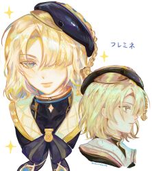 Rule 34 | 1boy, absurdres, androgynous, beret, black hat, black shirt, blonde hair, blue eyes, blue jacket, character name, closed mouth, colored eyelashes, facing to the side, freckles, freminet (genshin impact), genshin impact, haamtart, hair over one eye, hat, highres, jacket, long eyelashes, looking ahead, looking at viewer, male focus, multicolored eyes, one eye covered, purple eyes, shirt, solo, sparkle, white background