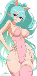 Rule 34 | 1girl, absurdres, aqua hair, artist name, bare arms, bare shoulders, breasts, cleavage, collarbone, commentary, fingernails, gold trim, hand on own hip, high ponytail, highleg, highleg leotard, highres, leotard, lips, long hair, looking at viewer, medium breasts, mole, mole on breast, mole on thigh, mole under eye, original, parted lips, pink leotard, pointy ears, ponytail, red eyes, revenantart, shiny skin, signature, simple background, smile, solo, strapless, strapless leotard, thighhighs, thighs, white background, zadi (revenantart)