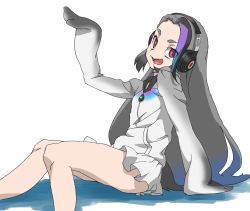 Rule 34 | 1girl, :d, bare legs, blue hair, commentary, empty eyes, eyes visible through hair, forehead, giant penguin (kemono friends), gradient hair, grey hair, headphones, jacket, kemono friends, long hair, looking at viewer, multicolored hair, open mouth, red eyes, simple background, skirt, smile, solo, tail, tanabe (fueisei), very long hair, white background, white skirt