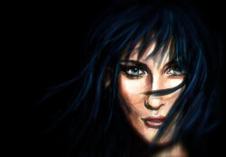 Rule 34 | 1girl, black background, black hair, blue eyes, blunt bangs, charlienozaki, commentary, english commentary, long hair, looking at viewer, nico robin, one piece, portrait, realistic, simple background, solo
