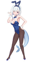 Rule 34 | 1girl, absurdres, animal ears, black pantyhose, blue bow, blue bowtie, blue leotard, bow, bowtie, breasts, commission, detached collar, fins, fish tail, full body, highleg, highleg leotard, highres, hoshino shark, indie virtual youtuber, leotard, medium breasts, pantyhose, playboy bunny, purple eyes, rabbit ears, rizzy, shark tail, short hair, simple background, skeb commission, solo, strapless, strapless leotard, tail, virtual youtuber, waving, white background, white hair, wrist cuffs