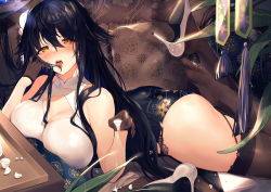 Rule 34 | 1girl, absurdres, ass, azuma (azur lane), azuma (soft voice of spring) (azur lane), azur lane, bare shoulders, black gloves, black hair, black thighhighs, blush, breasts, brown eyes, cup, dress, drunk, flower, garter belt, gloves, hair between eyes, hair flower, hair ornament, hairclip, highres, holding, holding cup, iiiroha, large breasts, long hair, looking at viewer, lying, on stomach, pouring, saliva, saliva trail, shoe dangle, solo, thighhighs, very long hair