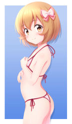 Rule 34 | 1girl, ass, bare arms, bare shoulders, bikini, blue background, blush, bow, brown eyes, brown hair, closed mouth, commentary request, flat chest, from side, hair between eyes, hair bow, hand up, idolmaster, idolmaster cinderella girls, koga koharu, looking at viewer, looking to the side, pink bow, short hair, side-tie bikini bottom, smile, solo, sui. (ayase), swimsuit, two-tone background, white background, white bikini, white bow