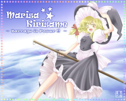 Rule 34 | 1girl, :d, apron, arm up, bare legs, black dress, blonde hair, broom, broom riding, buttons, character name, dress, fang, female focus, full body, hat, iganseijin, kirisame marisa, open mouth, puffy short sleeves, puffy sleeves, short sleeves, smile, solo, star (symbol), touhou, waist apron, witch hat, yellow eyes