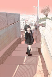 Rule 34 | 1girl, amagami, arms behind back, black footwear, black hair, black jacket, black skirt, black socks, black vest, blazer, bob cut, breasts, brown eyes, building, city, closed mouth, collared shirt, commentary request, dress shirt, from side, full body, highres, jacket, kibito high school uniform, looking at viewer, medium breasts, miniskirt, nanasaki ai, open clothes, open collar, open jacket, outdoors, pink sky, pleated skirt, saitou shouki, school uniform, shirt, short hair, skirt, sky, smile, socks, stairs, standing, sweater vest, tree, v-neck, vest, white shirt