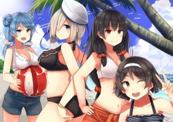 Rule 34 | &gt;:), 10s, 4girls, :d, ;d, ball, beachball, bikini, bikini top only, black hair, blue eyes, blue hair, breast rest, breasts, cleavage, double bun, hair bun, hair ornament, hair over one eye, hairband, hairclip, hamakaze (kancolle), hand on own hip, hat, isokaze (kancolle), kantai collection, large breasts, long hair, medium breasts, multiple girls, navel, one eye closed, open mouth, plan (planhaplalan), red eyes, short hair, shorts, silver hair, small breasts, smile, swimsuit, tanikaze (kancolle), twintails, urakaze (kancolle), v, v-shaped eyebrows, white hat